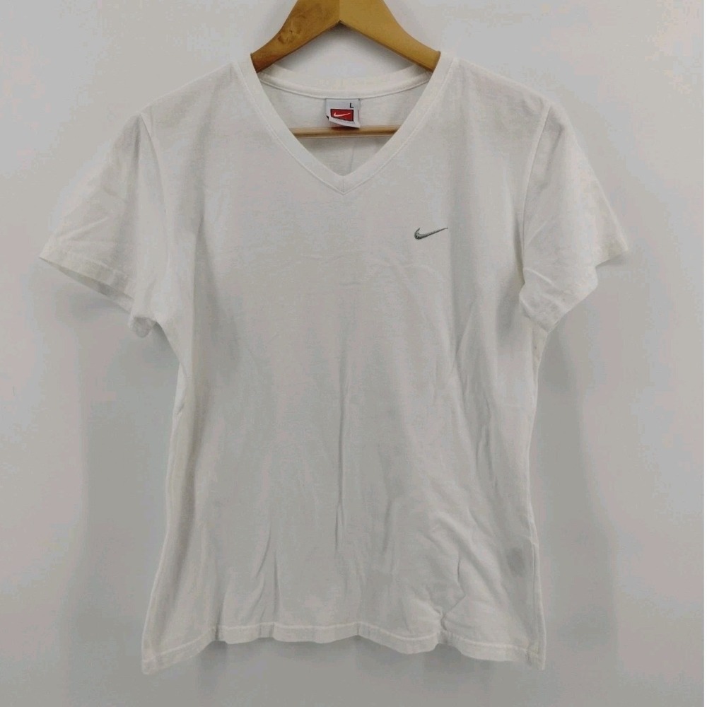 Vintage 90s Nike Womens V Neck Tee Shirt Size Large Embroidered Grey Swoosh Logo